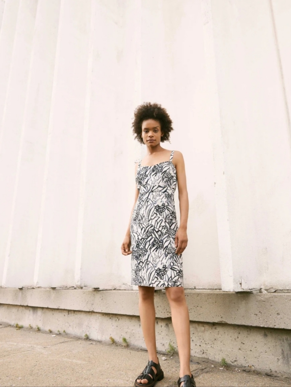 Eve Gravel Black and White Floral Slip Midi Dress with Thin Straps